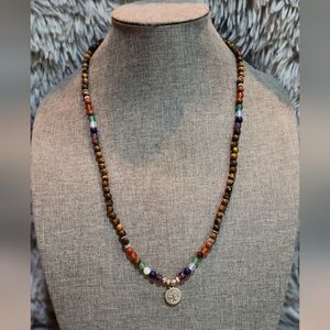 Multicolor Beaded Necklace with Silver Tree of Life Charm